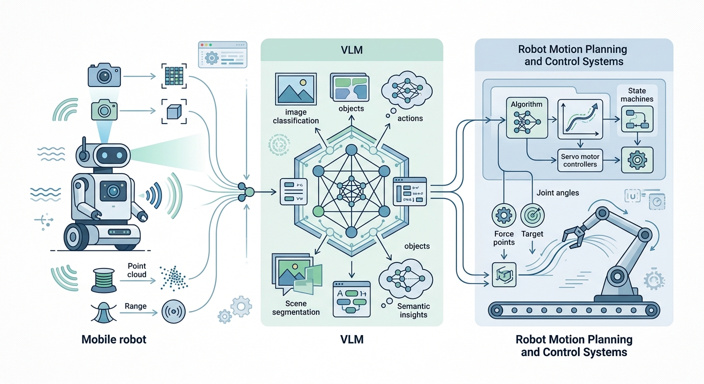 Architecture diagram showing a robot with camera/sensor inputs connecting to a VLM processing layer, then to robot motion planning and control systems