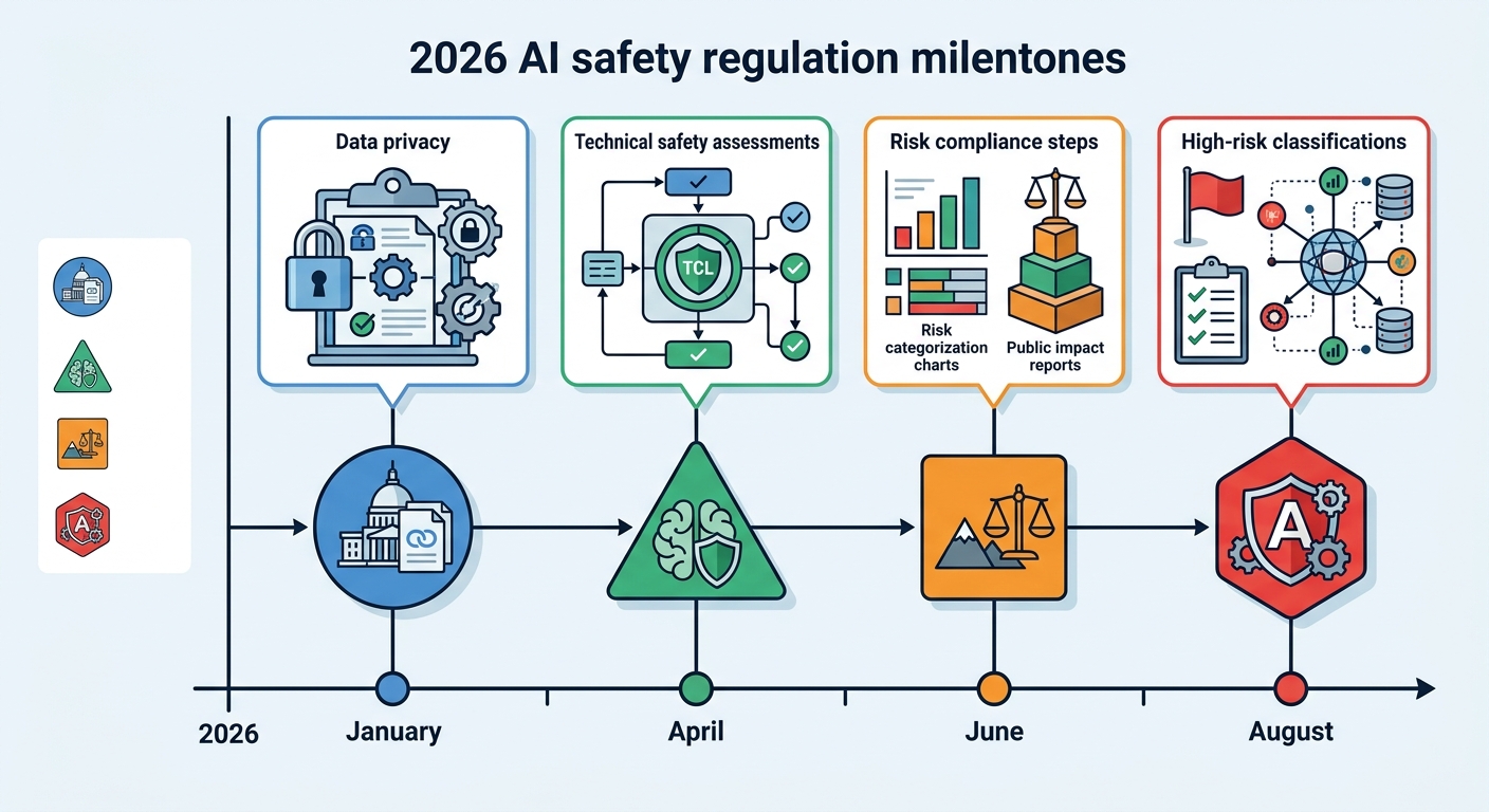 Timeline diagram showing 2026 AI safety regulation milestones from January to August 2026