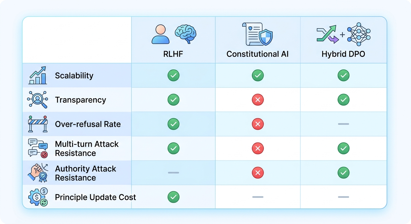 RLHF vs Constitutional AI vs Hybrid DPO Comparison Table 2026