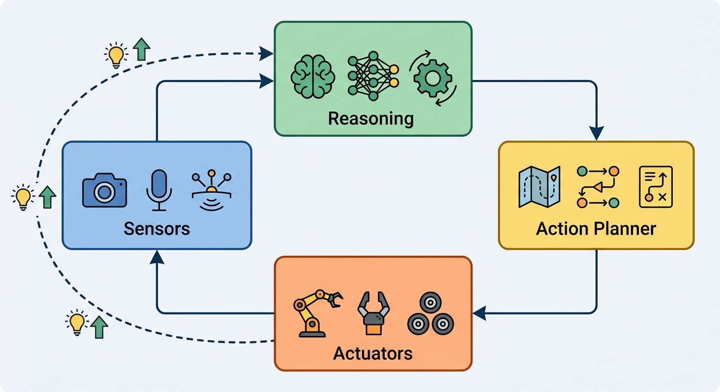 Architecture diagram showing the embodied agentic loop: sensors feed perception → VLA/LLM reasoning → action planner → actuators, with a feedback arrow labeled "learning" back to perception. Four labeled boxes arranged in a cycle.