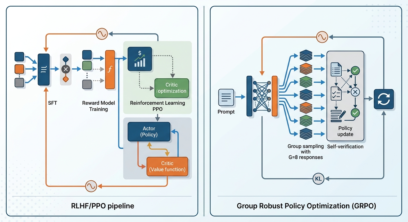 A two-panel diagram comparing RLHF/PPO pipeline with GRPO pipeline for LLM alignment