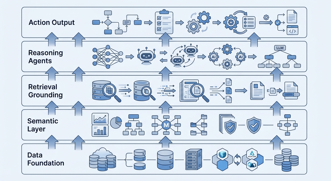 Five-layer decision engine architecture diagram: data foundation, semantic layer, retrieval grounding, reasoning agents, action output
