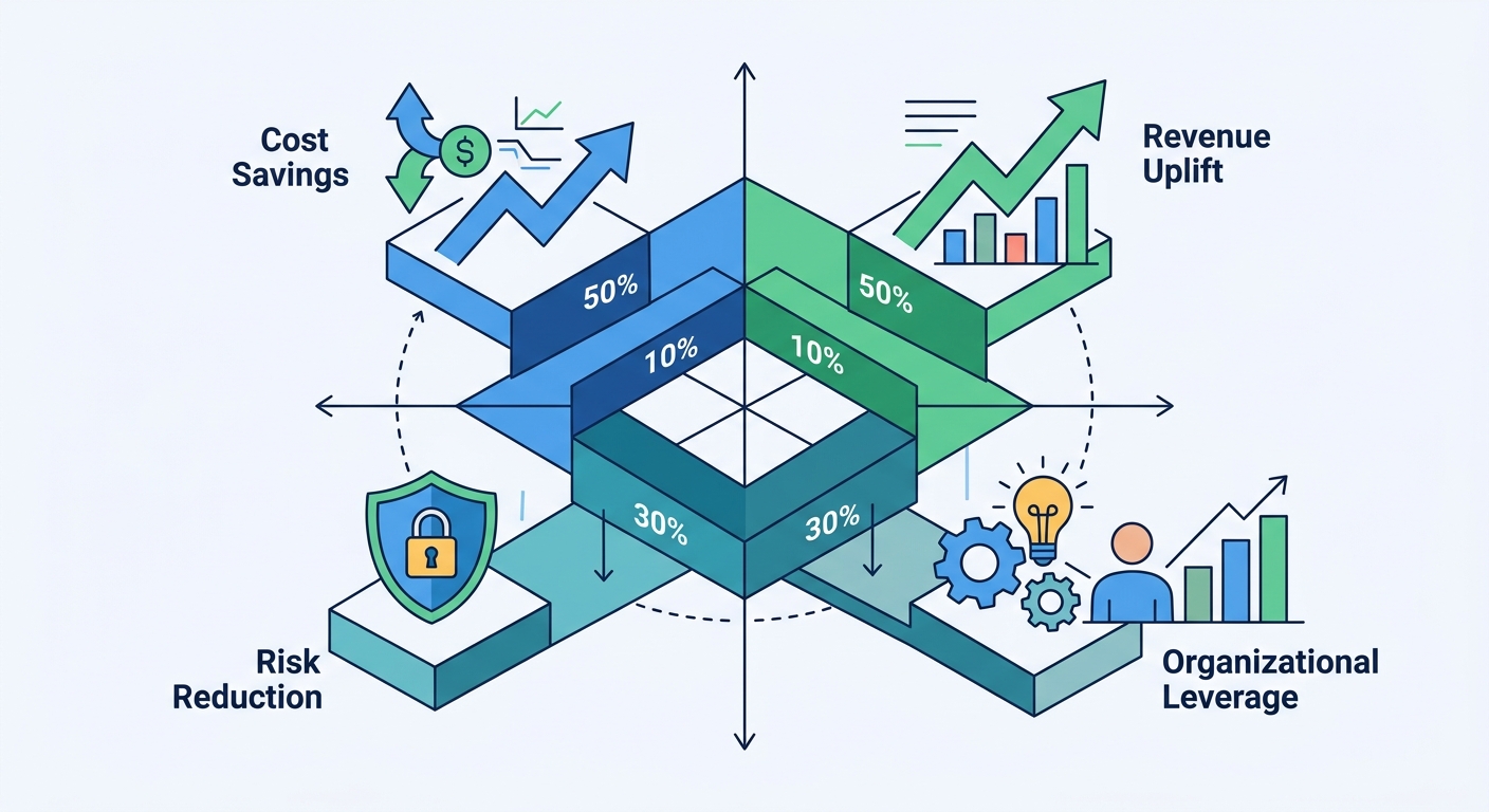 Four ROI dimensions across enterprise case studies: Cost Savings, Revenue Uplift, Risk Reduction, Organizational Leverage