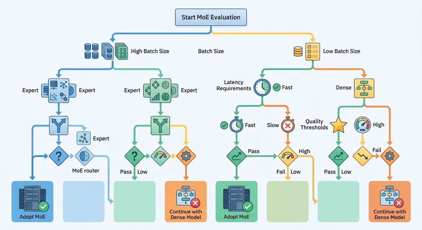 Decision tree flowchart for MoE adoption evaluation, with branching criteria for batch size, latency requirements, and quality thresholds