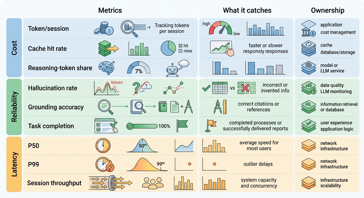 Comparison of cost, reliability, and latency monitoring metrics for production AI agents
