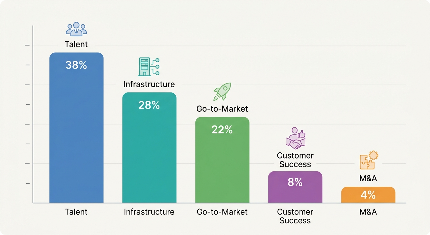Bar chart showing spending allocation across five categories—Talent (38%), Infrastructure (28%), Go-to-Market (22%), Customer Success (8%), M&A (4%)