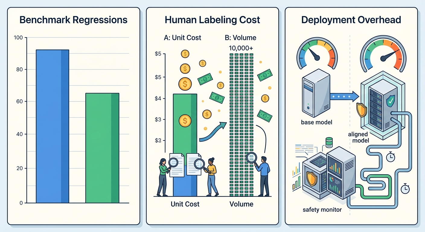 A three-panel diagram showing where the alignment tax manifests: (1) Benchmark Regressions — a bar chart showing before/after RLHF HumanEval scores dropping from ~75% to ~68%; (2) Human Labeling Cost — a chart showing $3–5 per high-quality label, 10,000+ labels per alignment run; (3) Deployment Overhead — latency comparison, base model 50ms vs aligned model 120ms with safety monitor