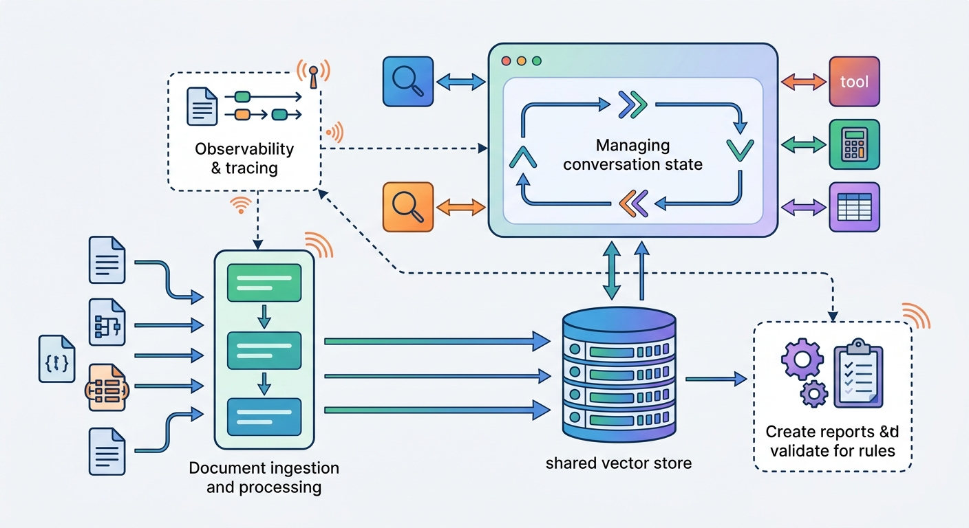 Architecture diagram — hybrid production stack showing LlamaIndex handling document ingestion and vector indexing, feeding into a shared vector store, with LangGraph agent orchestration layer on top calling tools and managing conversation state, LangSmith for observability, and Haystack optionally layering on for compliance reporting