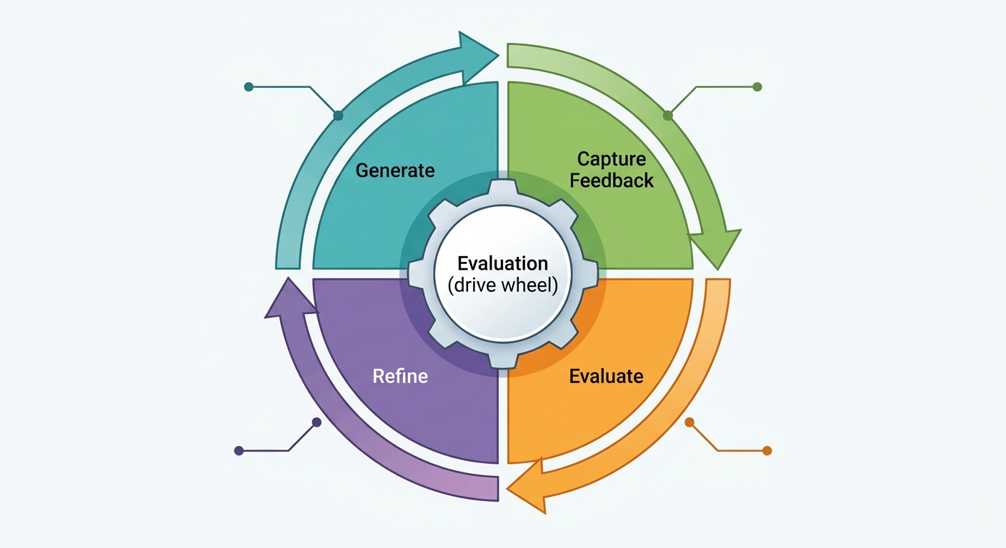 Circular diagram of the four-stage evaluation-driven data flywheel with Evaluation as the drive wheel at the center