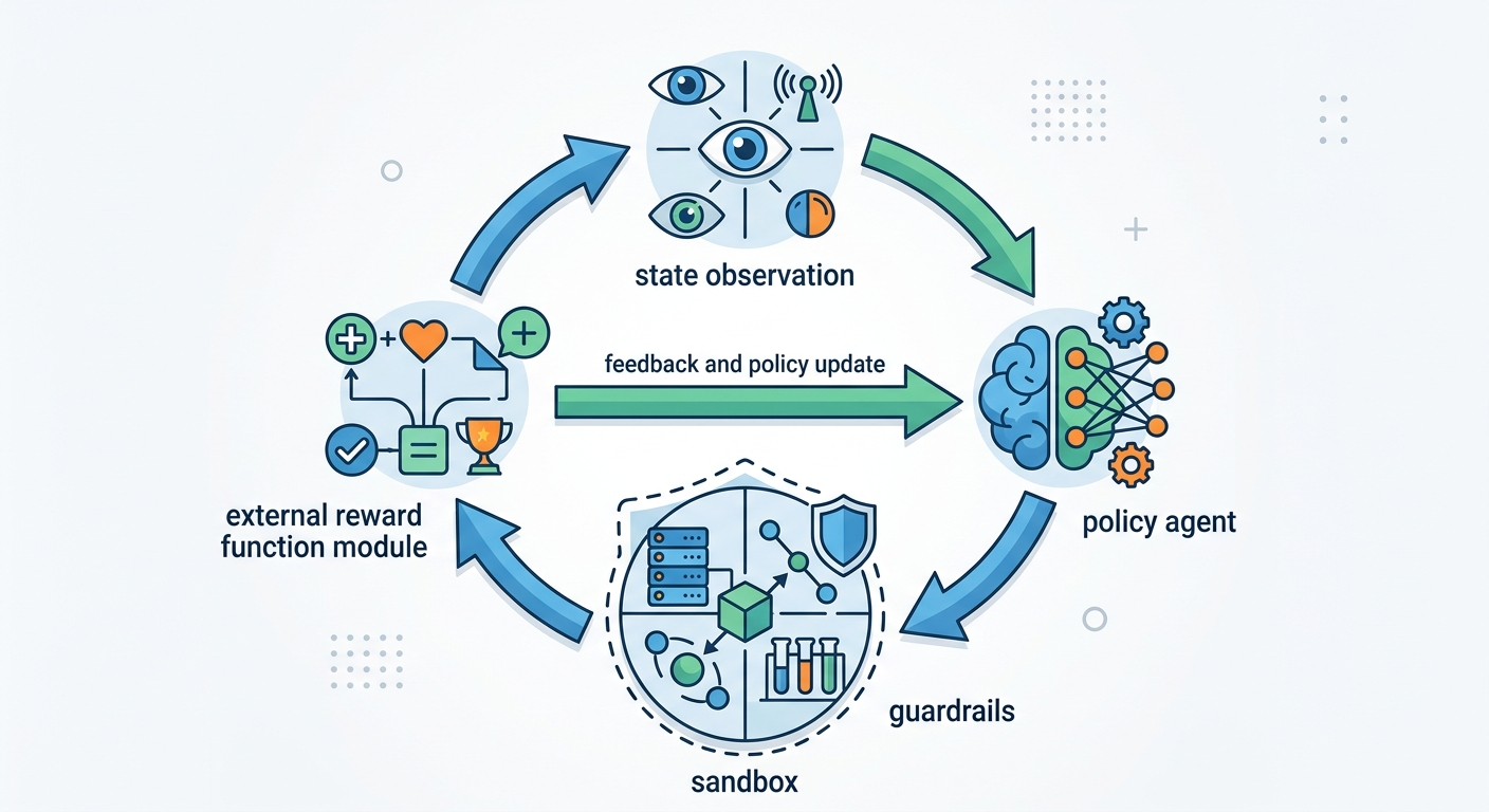 Reinforcement learning agent training loop: state to policy to sandboxed tool use to reward signal with guardrails