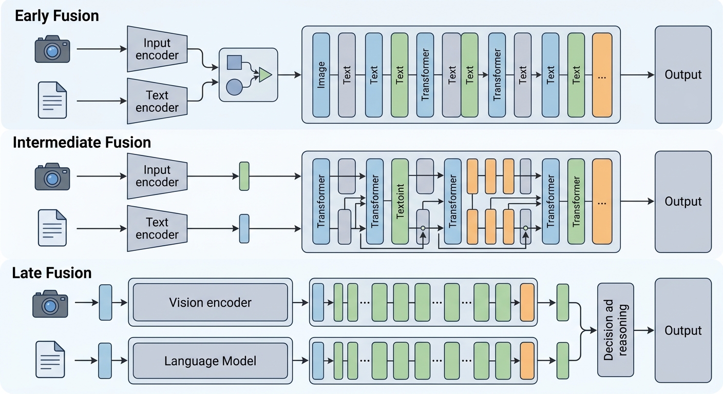 Multimodal LLM fusion strategies diagram — early, late, and intermediate fusion architectures