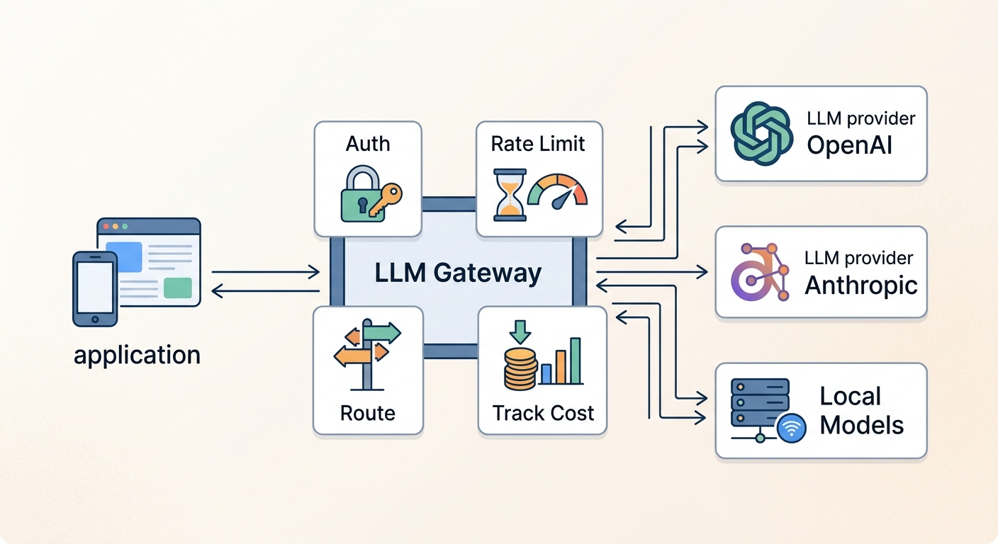 Simple diagram showing application → LLM Gateway → multiple ...