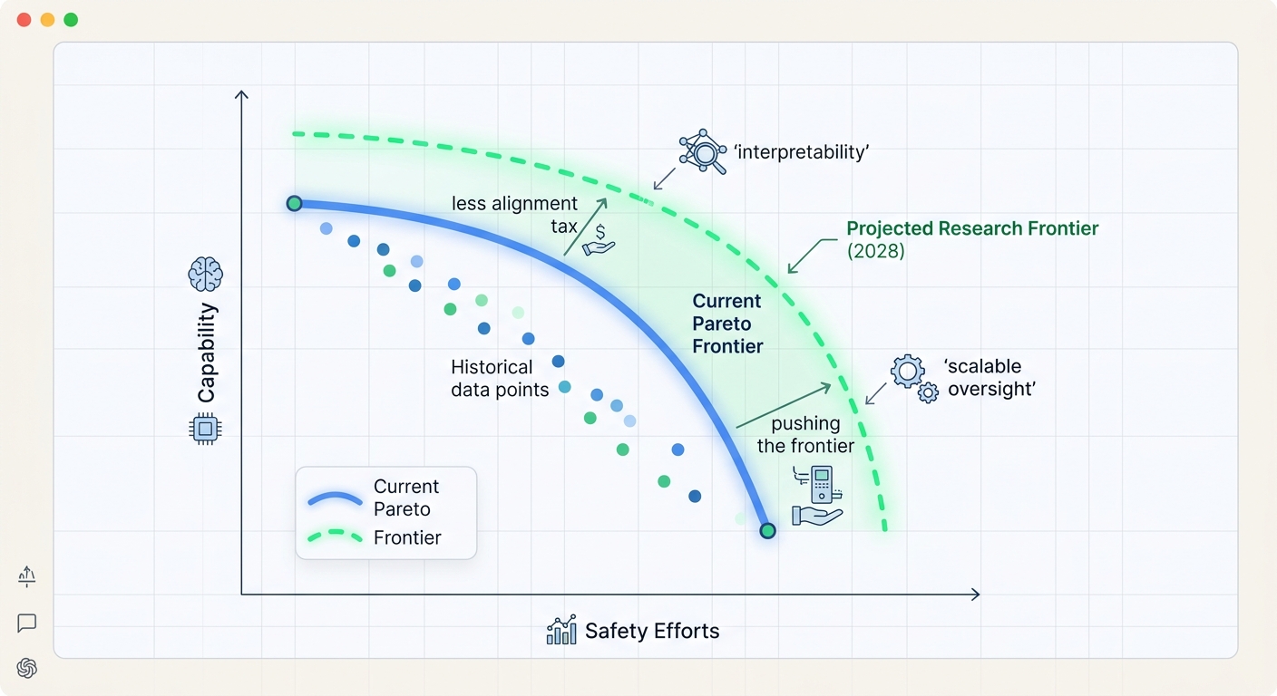 The same Pareto frontier graph from earlier with a projected "2028 Research Frontier" line drawn beyond the current frontier. Annotation: "The goal is not to eliminate the alignment tax. It is to push the frontier — making each unit of safety cost less in capability. Researchers project meaningful progress by 2028 if scalable oversight and interpretability methods mature."
