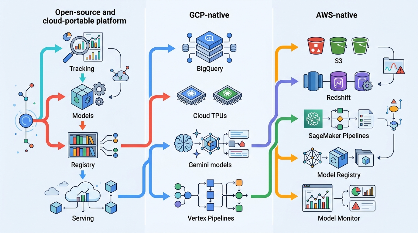 Platform architecture overview — MLflow, Vertex AI, SageMaker comparison