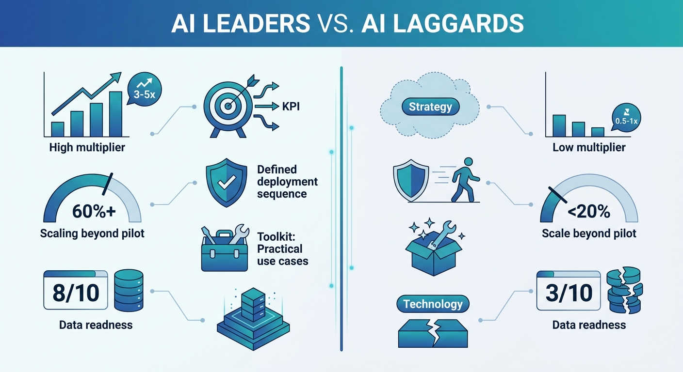 AI Leaders vs AI Laggards — comparison chart showing ROI, scaling metrics, and key characteristics