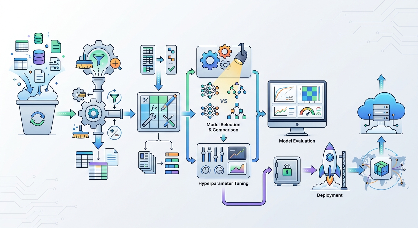 A flowchart diagram showing the full AutoML pipeline from raw data ingestion through preprocessing, feature engineering, model selection, hyperparameter tuning, evaluation, and finally deployment to production