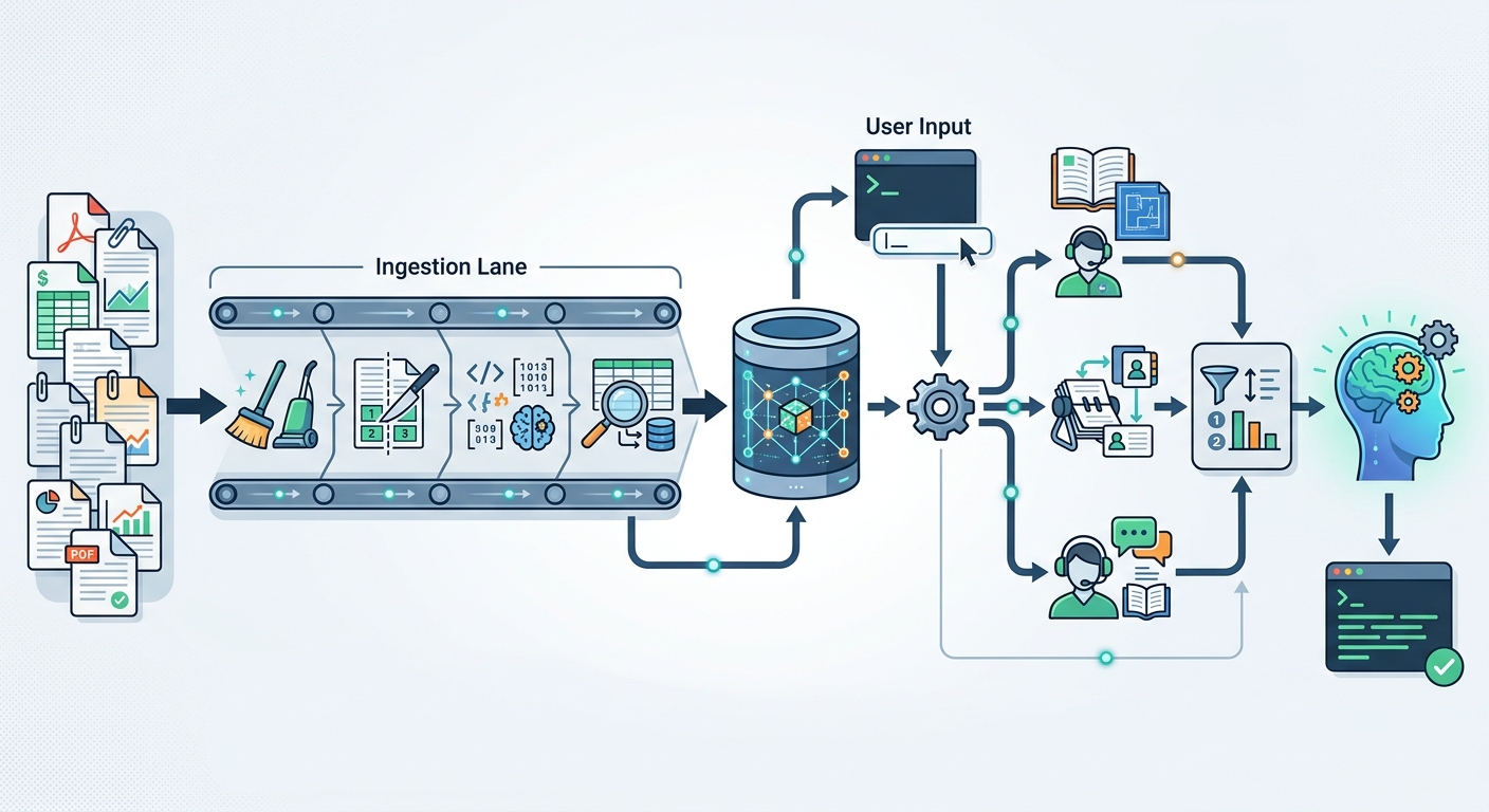 End-to-end multi-agent RAG pipeline diagram: ingestion to vector store, router agent, specialized retrieval agents, reranker, and generator