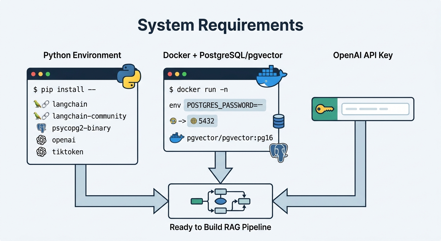 A three-column diagram showing RAG pipeline system requirements: Python environment, Docker + PostgreSQL/pgvector, and OpenAI API key