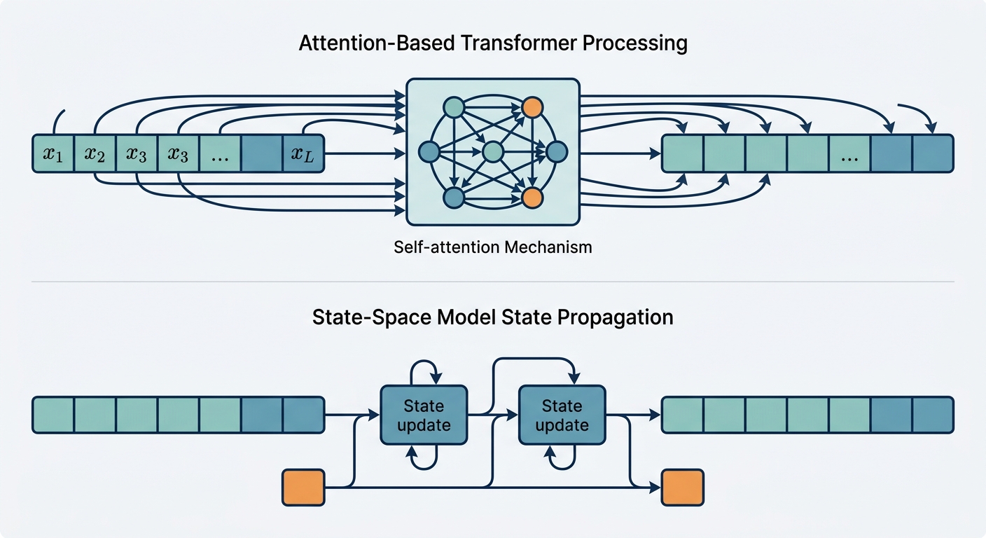 Transformer attention vs state-space model state propagation over a long token sequence