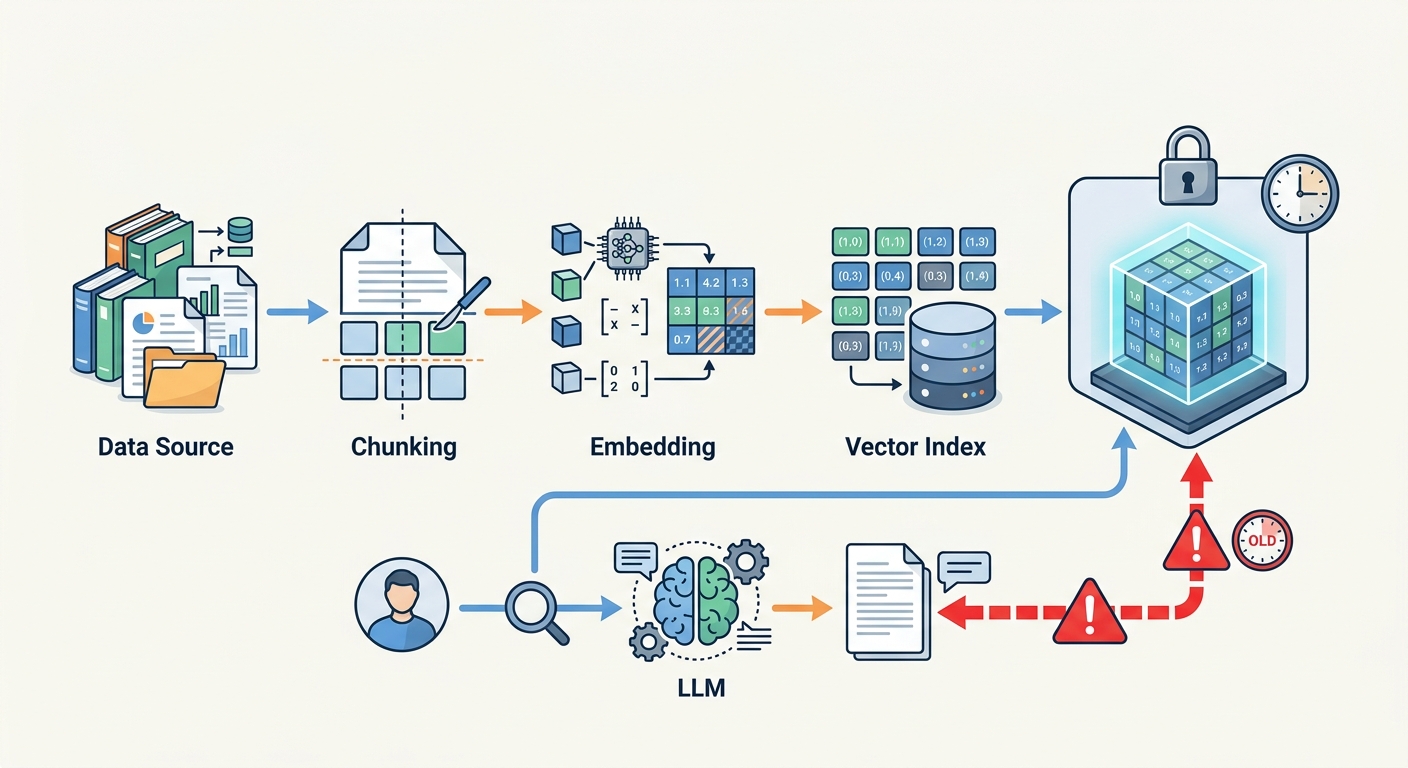 Traditional RAG pipeline flow diagram showing data source chunking embedding vector index and stale data warning