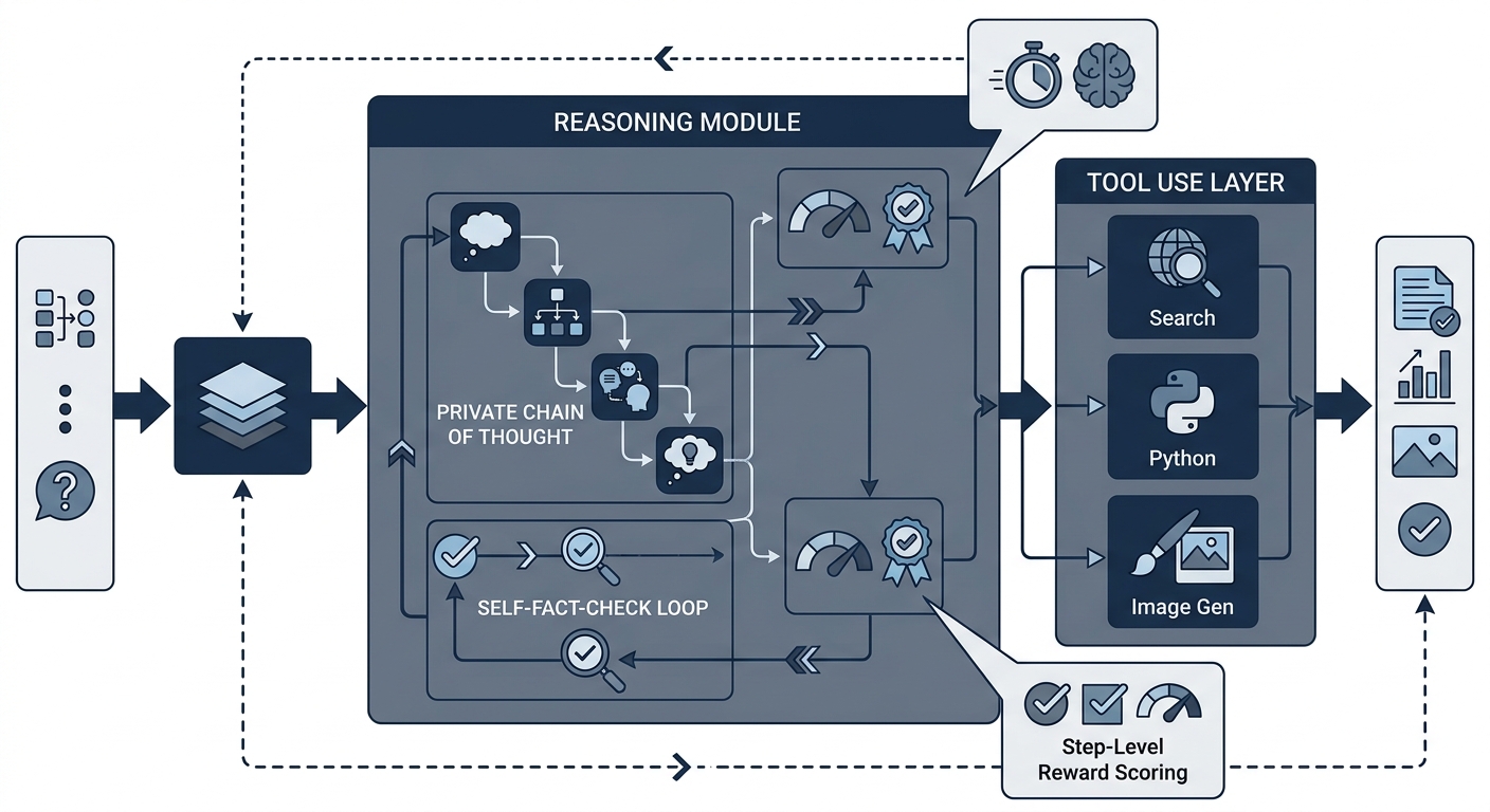 LLM reasoning model architecture diagram: o3 internal architecture with ORM and PRM reward signals