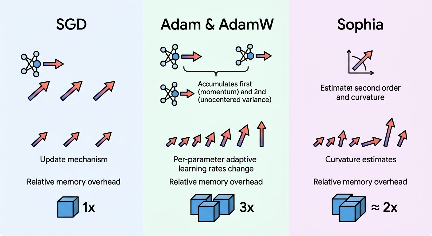 Comparison diagram of SGD, Adam, AdamW, and Sophia optimizer mechanisms and memory overhead