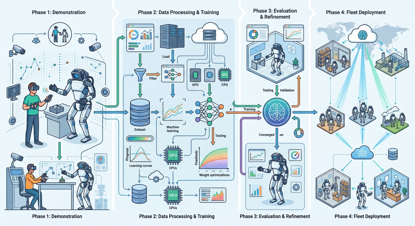 Atlas AI learning pipeline infographic — from task demonstration to fleet-wide deployment in under a day