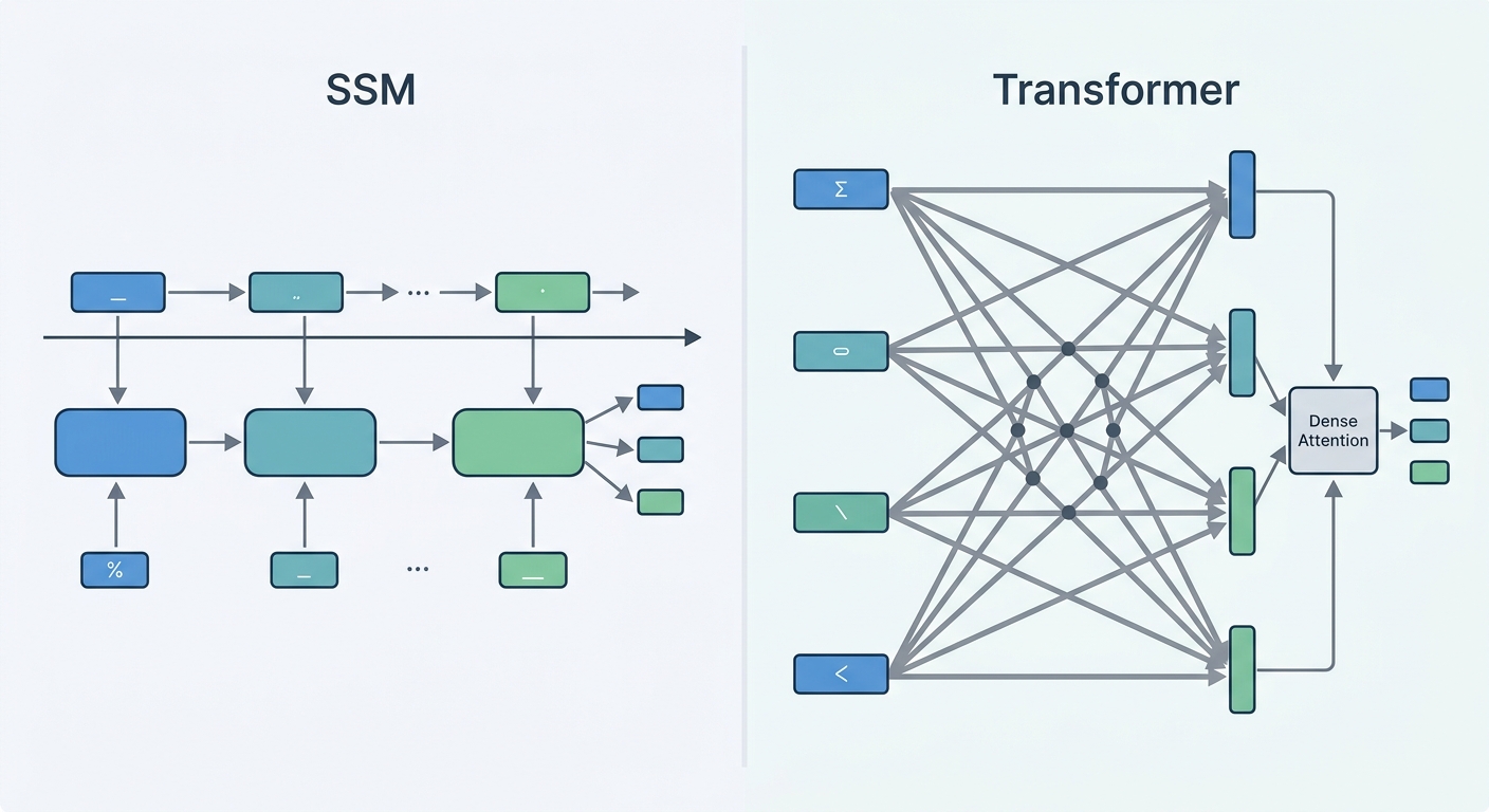 SSM vs Transformer — Computational Flow