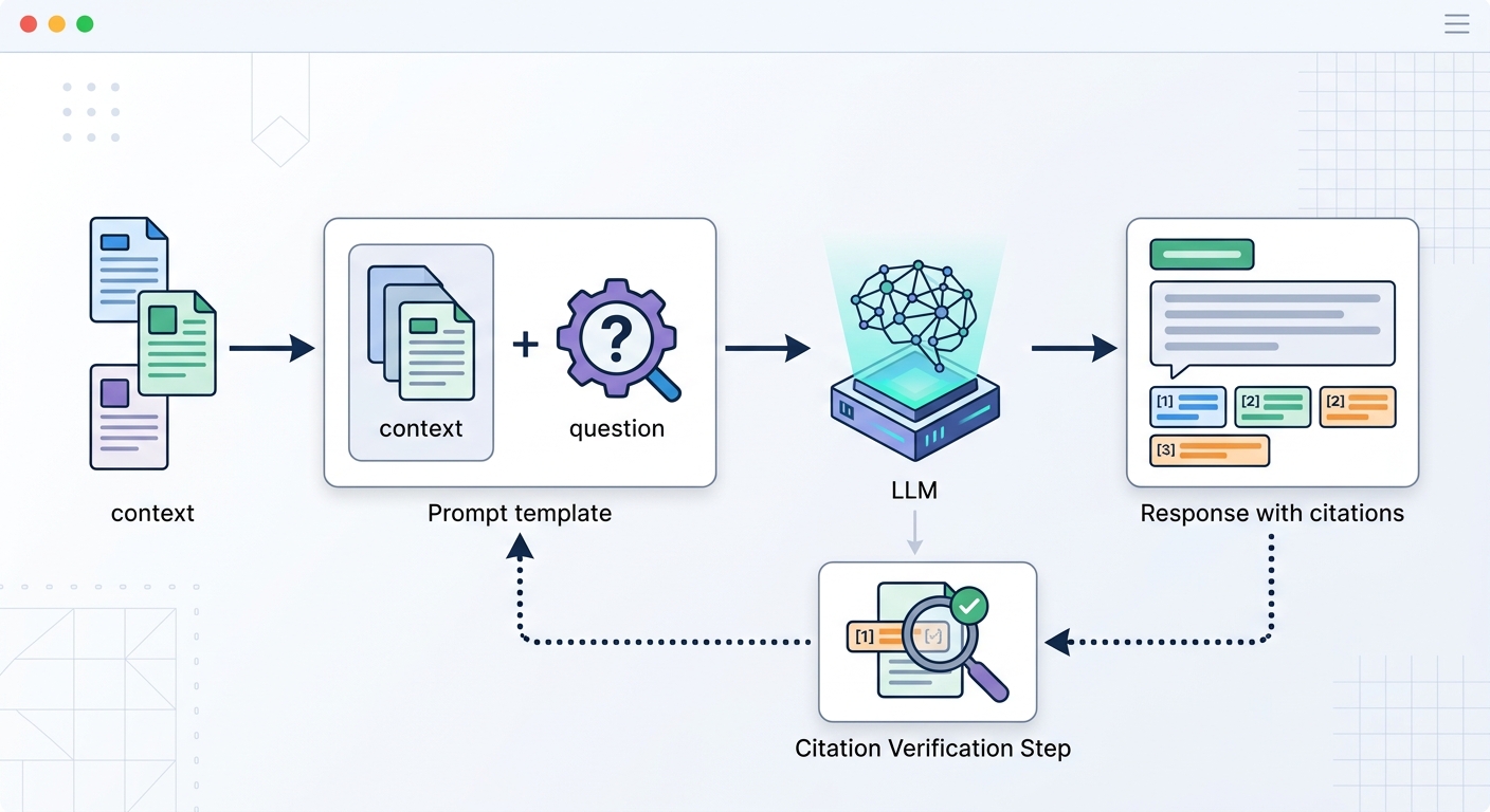 A diagram showing the generation step: Retrieved chunks → Prompt template (context + question) → LLM → Response with citations. Dotted arrow showing: response → citation verification step.