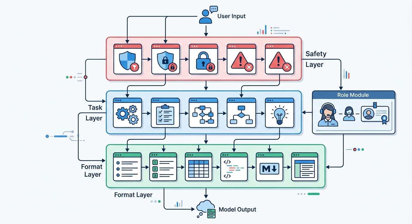 System Prompt Architecture Diagram — three-layer constraint design (Safety, Task, Format) with Role Module