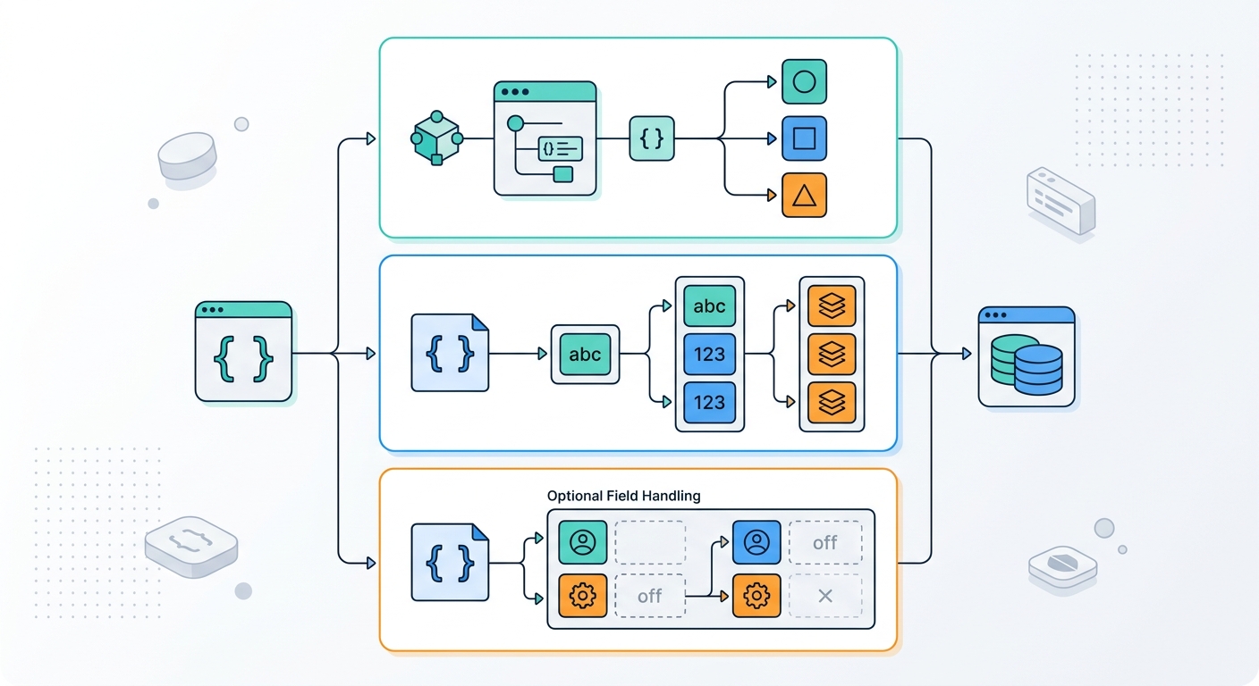 Schema design patterns for LLM outputs showing enum usage, type specificity, and optional field handling