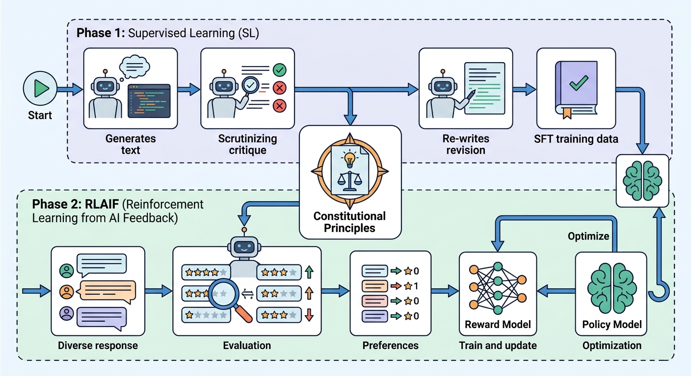 Constitutional AI two-phase pipeline: Phase 1 (Supervised Learning) shows model generating response, critiquing against constitutional principles, revising response, which becomes SFT training data. Phase 2 (RLAIF) shows multiple model responses evaluated by AI critic against constitutional principles, generating preference data that trains a reward model and drives RL optimization of the policy model.