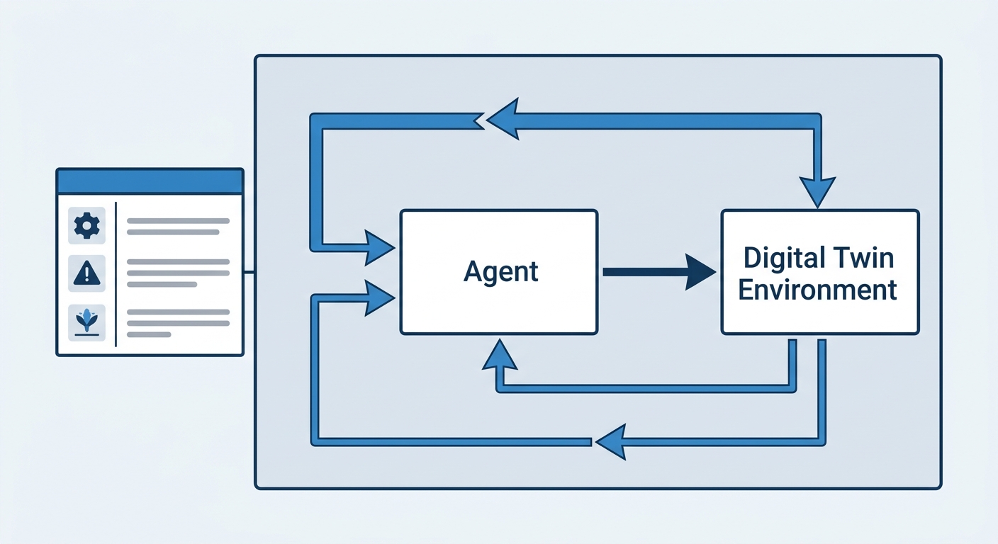 RL agent and digital twin environment loop: action, state, and reward with guardrails