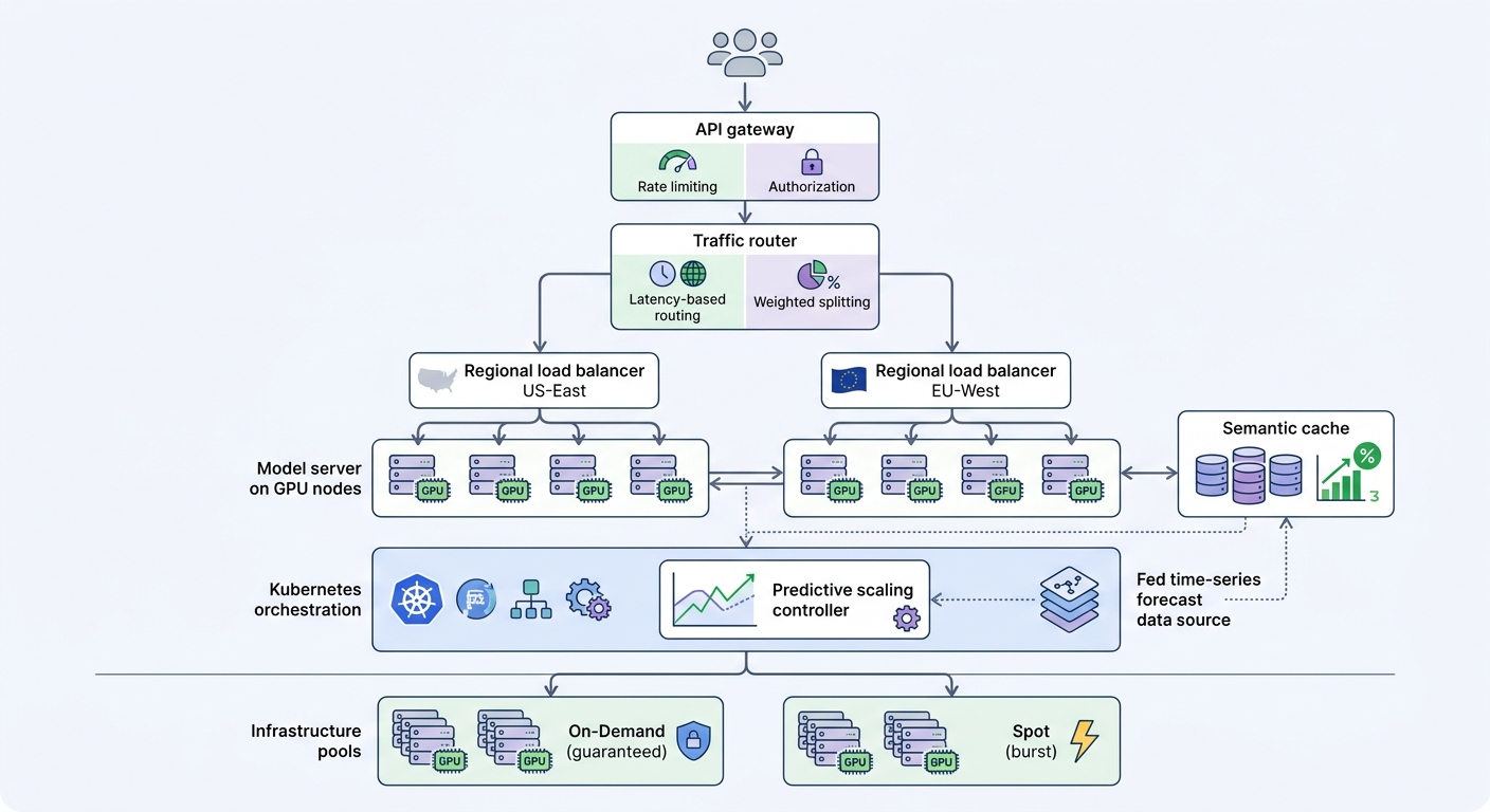 Technical architecture diagram of multi-layer AI inference stack: API Gateway, Traffic Router, Regional Load Balancers, vLLM pods, Semantic Cache, Kubernetes cluster with predictive scaling, and GPU node pools