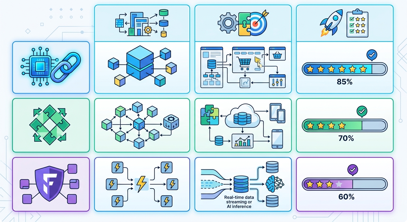 Three-framework comparison matrix showing architecture type, primary use case fit, and production readiness score