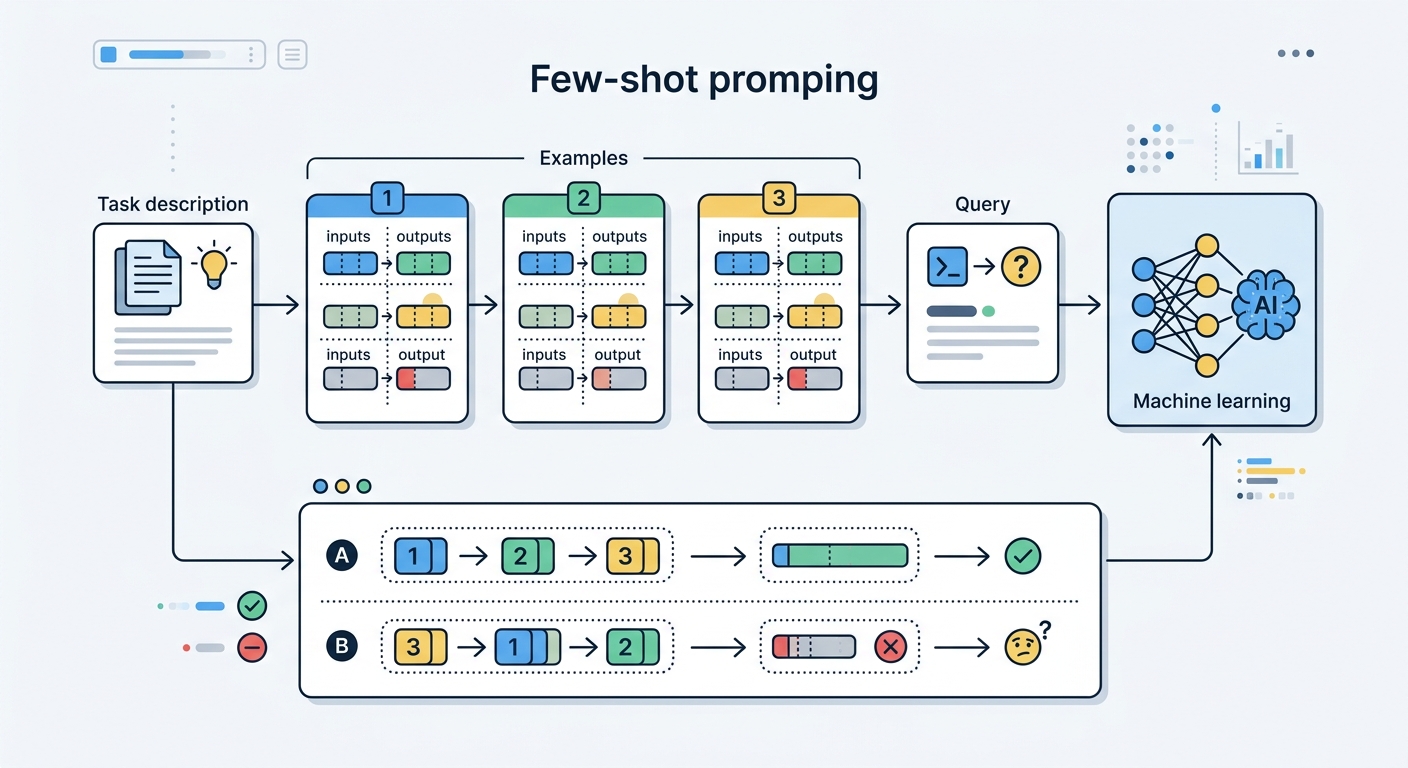 Few-shot prompting flow diagram — task description → examples (1, 2, 3) → query → model output