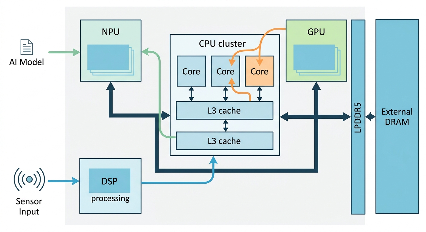 ARM heterogeneous edge AI architecture block diagram showing Cortex-A720 CPU cluster, Ethos-U85 NPU, Mali-G720 GPU, DSP, and workload distribution