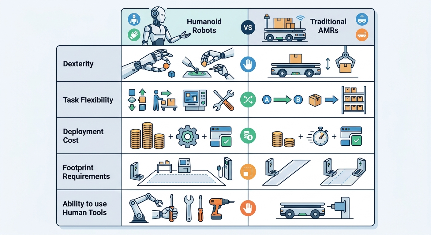 Comparison table showing humanoid robots vs traditional AMRs across 5 dimensions: dexterity, task flexibility, deployment cost, footprint requirements, and ability to use human tools. Two columns, five labeled rows.
