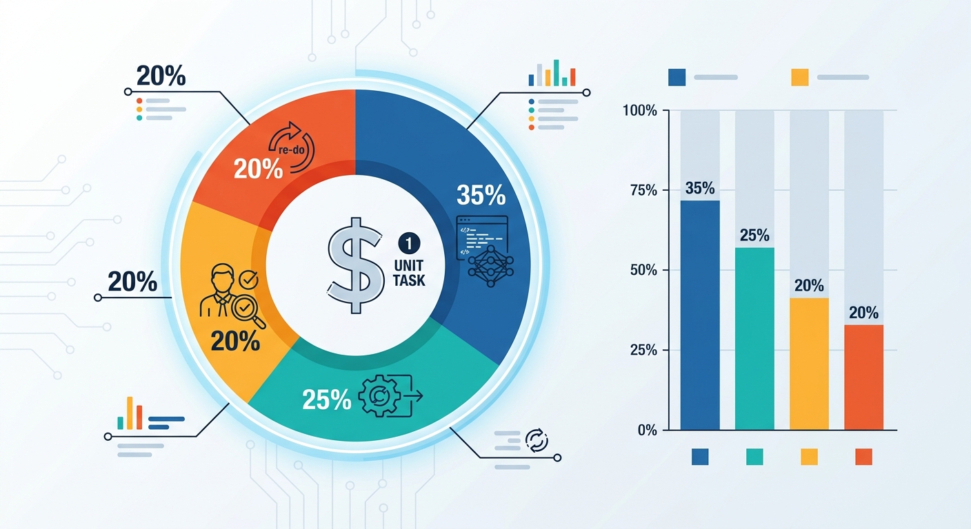 Cost breakdown of a single AI agent task: model tokens, tool execution, human oversight, rework