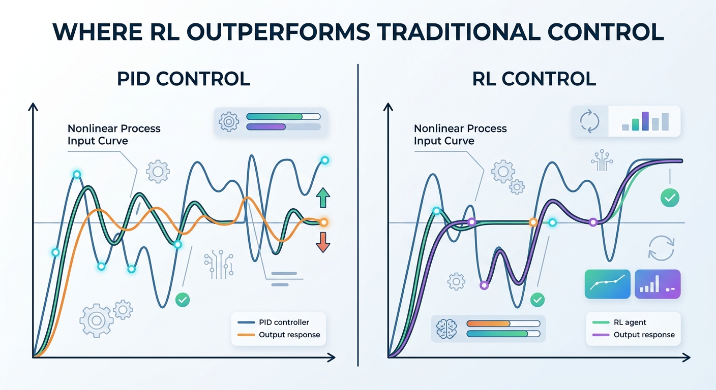 Split comparison graphic titled Where RL outperforms traditional control showing PID vs RL on a nonlinear industrial process curve
