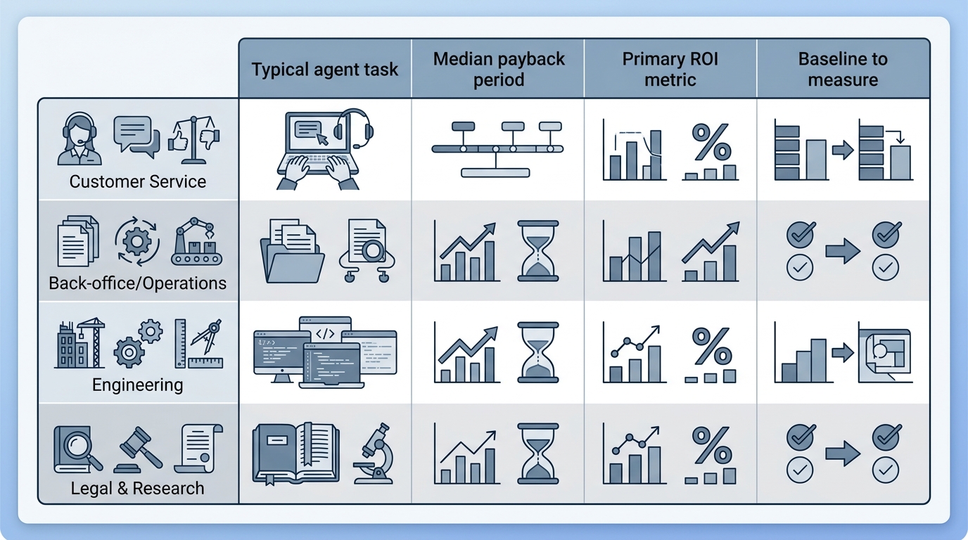 Comparison table of enterprise AI agent use cases: median payback period, primary ROI metric, and baseline to measure for customer service, back office, engineering, and legal research.