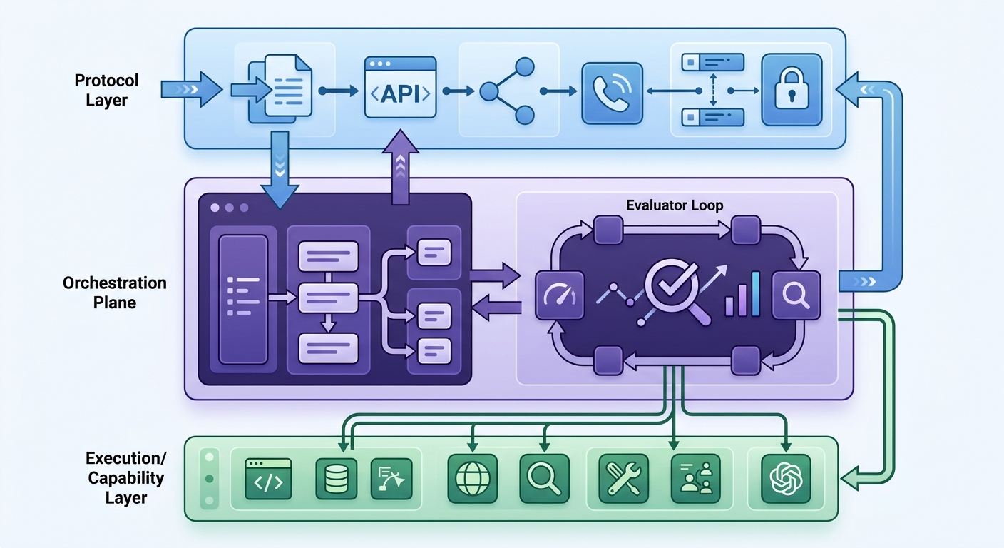 A layered architecture diagram showing the protocol layer, orchestration plane, and evaluator loop in a framework-agnostic agent stack