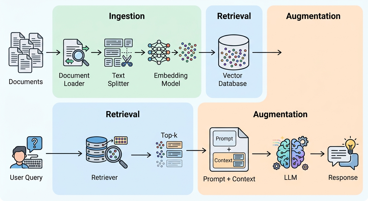 Architecture diagram showing the three-phase RAG pipeline: documents → ingestion (chunking, embeddings) → vector database