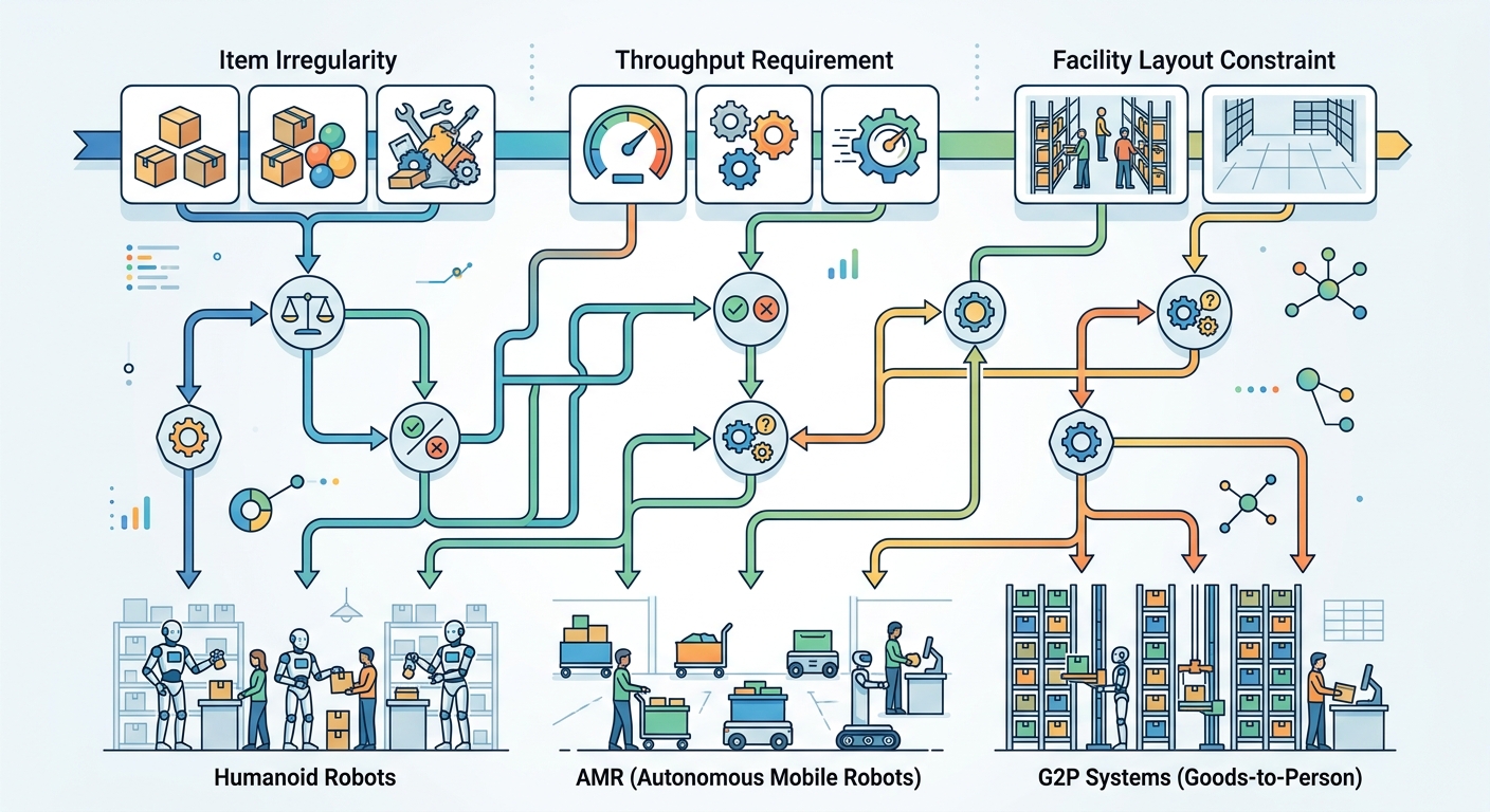 Decision flowchart: humanoid robots vs AMR vs G2P warehouse