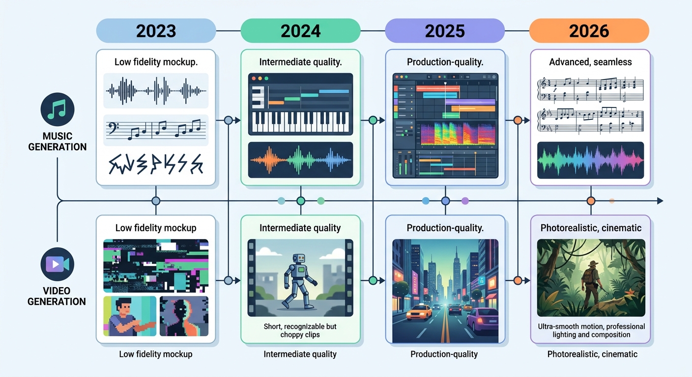 AI media generation quality evolution 2023-2026