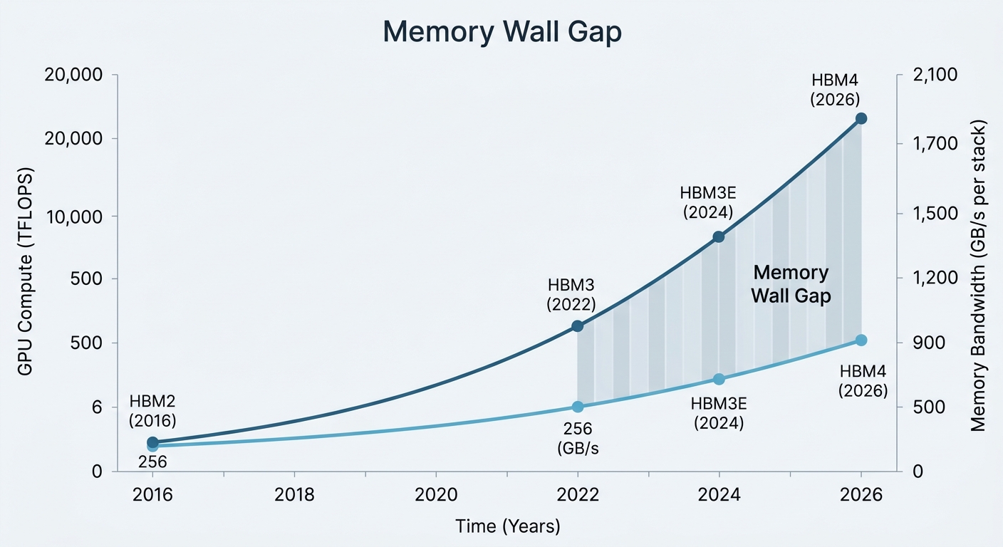 HBM2 to HBM4: GPU compute scaling vs memory bandwidth scaling from 2016 to 2026, showing the widening memory wall gap