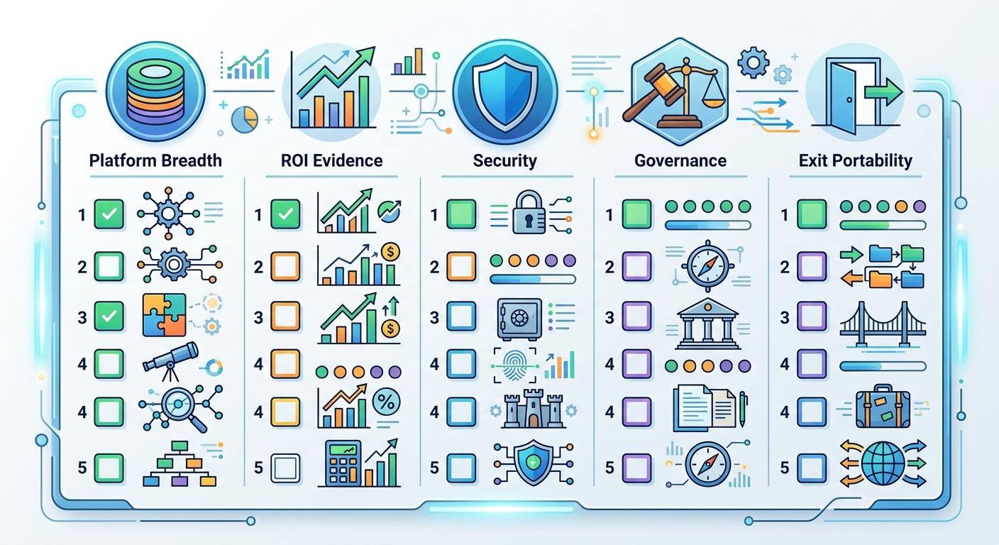 AI vendor rationalization decision scorecard with platform breadth, ROI evidence, security, governance, and exit portability ratings