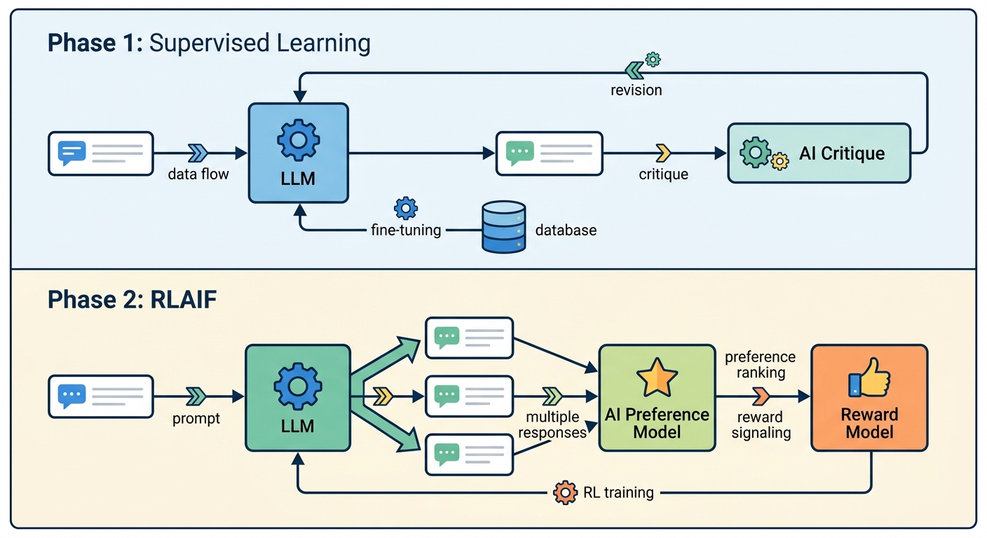 Constitutional AI two-phase architecture diagram showing Supervised Learning and RLAIF pipeline