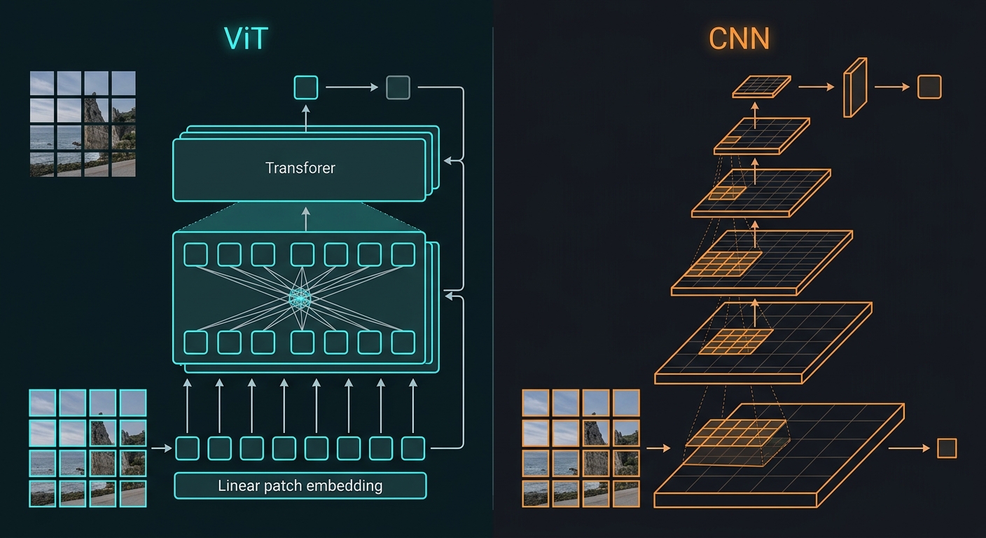 Vision Transformer vs CNN Architecture Comparison — ViT processes images as patches through a Transformer encoder with global self-attention; CNN processes through hierarchical convolutional layers with local receptive fields