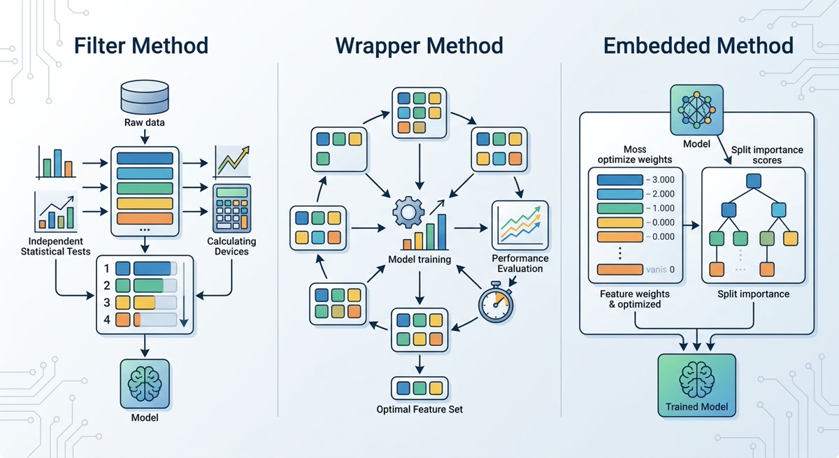 Filter, wrapper, and embedded feature selection methods — three-panel diagram